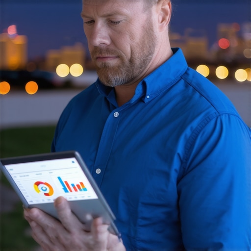 Aurora Business Data Analysis Aurora business owner reviewing local SEO analytics with city view