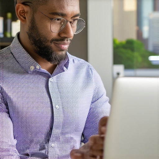 Aurora Business SEO Analysis Business owner analyzing local SEO metrics with Aurora cityscape