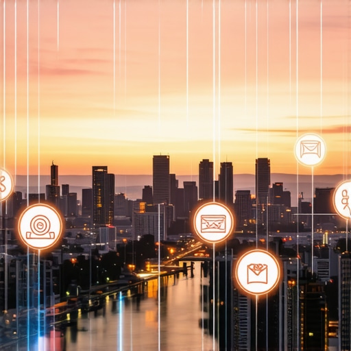 Night cityscape of Aurora with digital marketing icons overlay