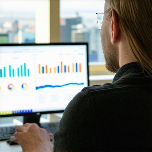 Aurora Local SEO Analytics Business owner analyzing local SEO data with Aurora skyline