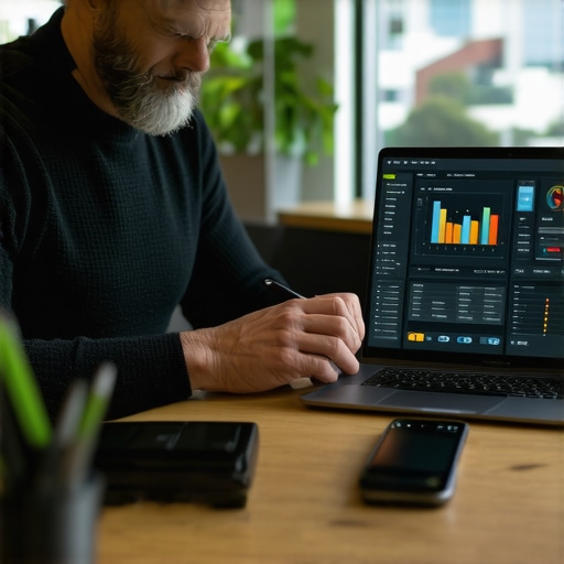 Aurora Business Owner with SEO Tools Aurora local business owner managing SEO with digital tools and analytics in a modern office environment