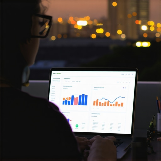 Person analyzing Aurora local SEO metrics on a laptop with cityscape background.