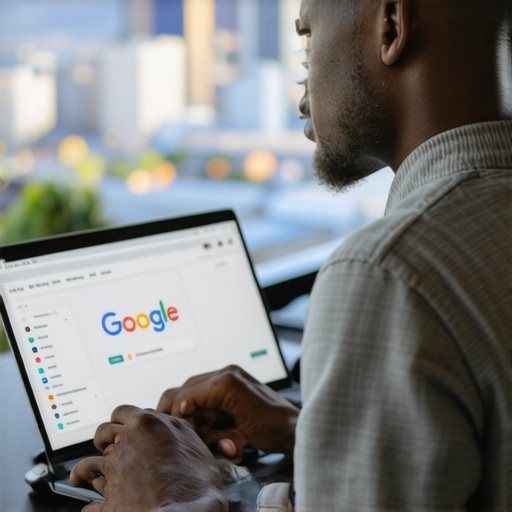 Business owner updating Google My Business profile on a laptop with Aurora skyline in background