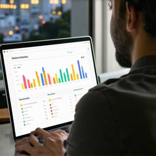 Business owner reviewing SEO analytics with Aurora cityscape