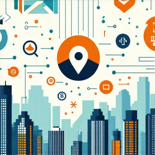 Illustration of local SEO elements such as maps, reviews, and ranking indicators over Aurora cityscape.