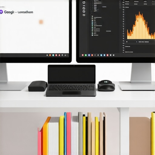 A workspace featuring dual monitors displaying SEO analytics, keyword research, and backlink analysis for Aurora local SEO.