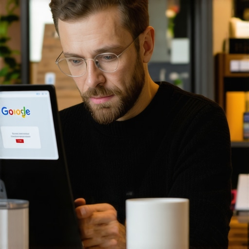 Business owner updating Google My Business profile on a laptop inside a storefront.