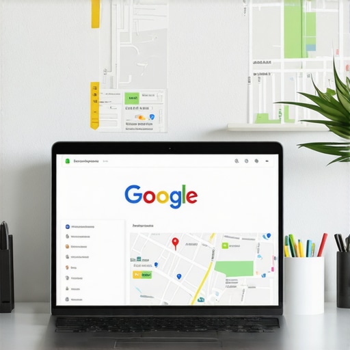 Laptop screen showing Google My Business dashboard with Aurora maps in the background.