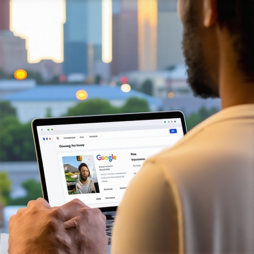 Business owner updating Google My Business profile with Aurora skyline in background.