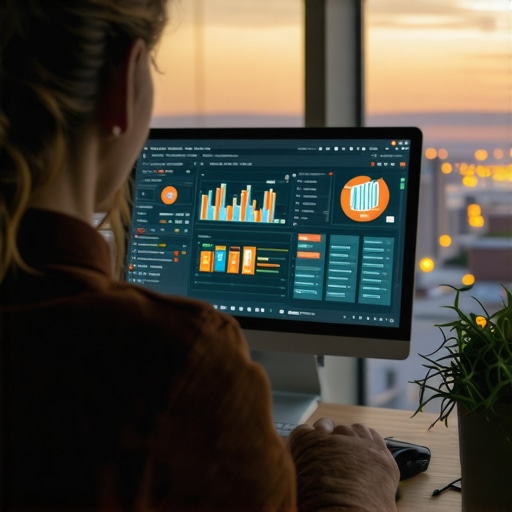 Person reviewing SEO analytics dashboard with Aurora cityscape in the background.
