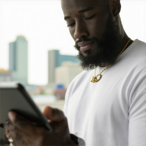 Business owner updating Google My Business profile on a tablet with Aurora city in background