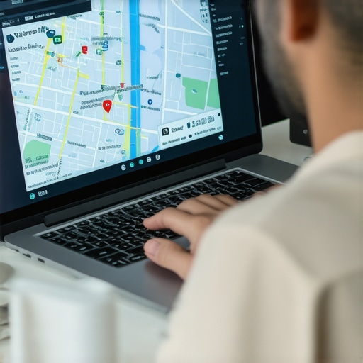 Business owner analyzing SEO and map data on laptop with Aurora cityscape in background