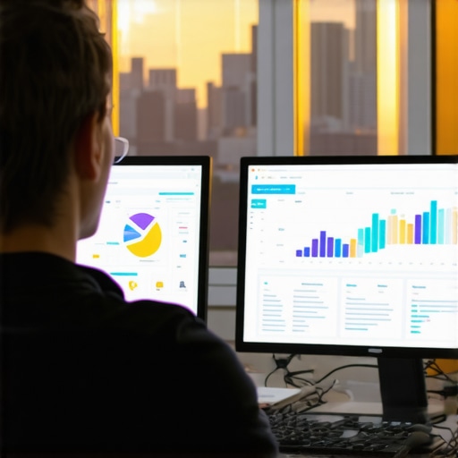 Person reviewing Aurora local SEO performance on a laptop, cityscape in the background.