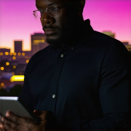 Business owner analyzing local SEO metrics with digital devices against Aurora city background