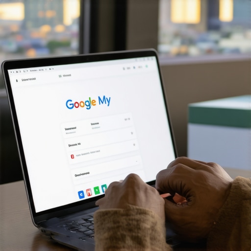 Person editing Google My Business profile on laptop with Aurora cityscape