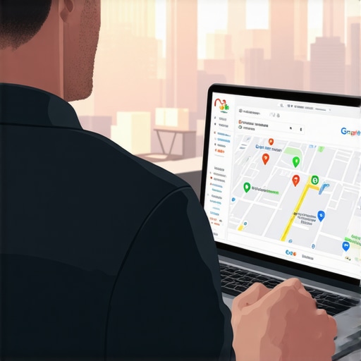 Optimizing Google Maps Listing in Aurora Business owner enhancing their Aurora business profile on Google Maps with cityscape background.
