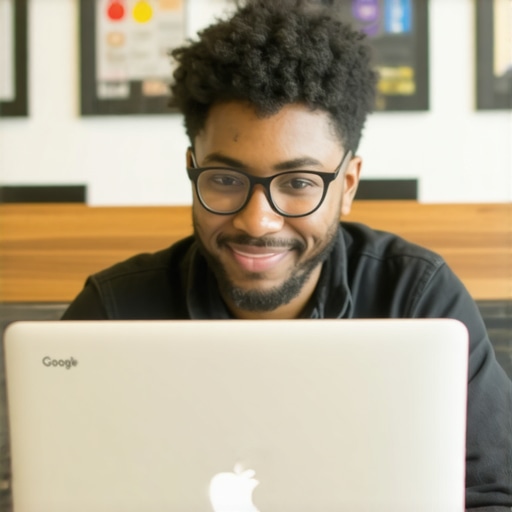 Business owner editing Google My Business profile on laptop in Aurora cafe.