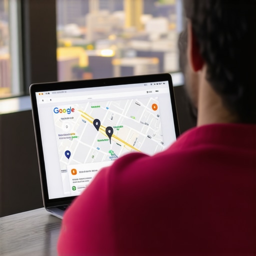 Person updating and optimizing a Google Business Profile for Aurora on a laptop with cityscape behind.