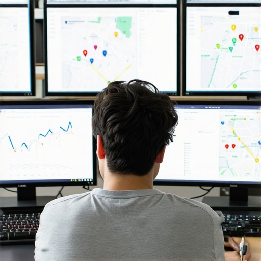 Person examining local SEO metrics on screens showing Aurora maps and analytics