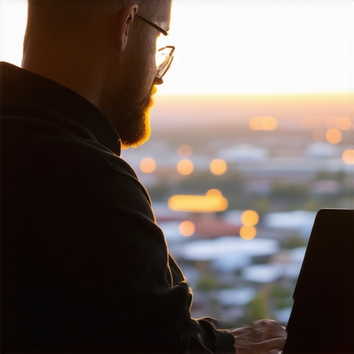 Business owner optimizing local SEO for Aurora with cityscape view