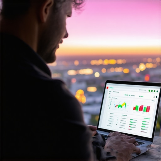 Aurora Business Owner Using SEO Tools Business owner analyzing local SEO performance with Aurora city skyline in background