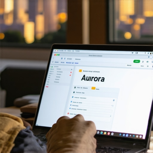Business owner analyzing local keywords for Aurora SEO on laptop with cityscape background