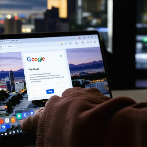 Person editing Google My Business profile on a laptop showing Aurora cityscape