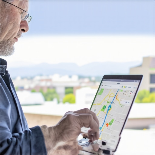 Business owner updating Google Maps profile with Aurora cityscape in background