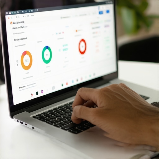 Individual reviewing Aurora local SEO analytics on a laptop in an office.