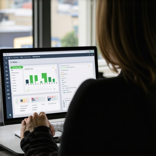 Person reviewing Aurora business SEO analytics on their laptop with cityscape in background.
