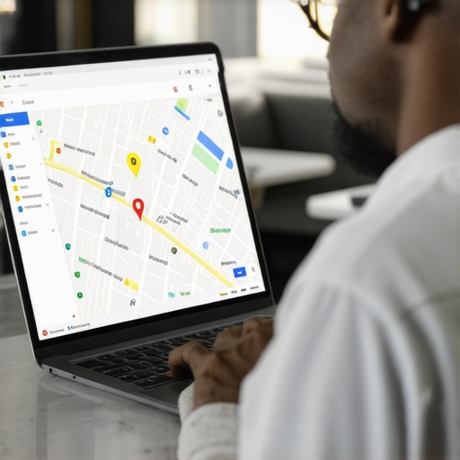 Business owner updating Google Maps listing on laptop with Aurora skyline