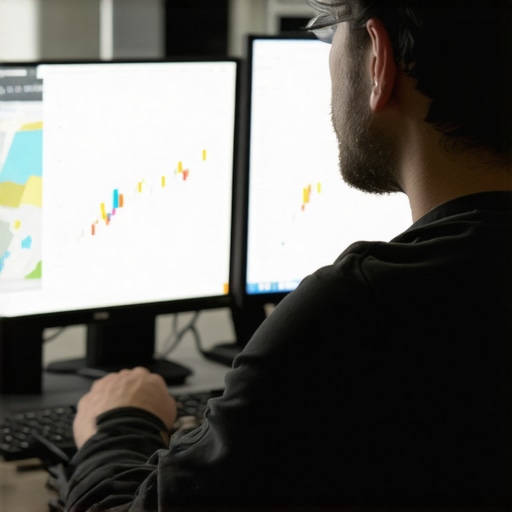 Person analyzing local SEO metrics on computer screens in an Aurora office
