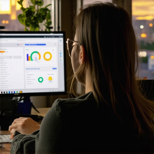 Business owner working on SEO tools with Aurora cityscape